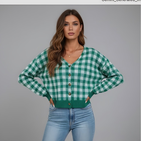 Gingham Button Up Crop Cardigan - Picture 2 of 6